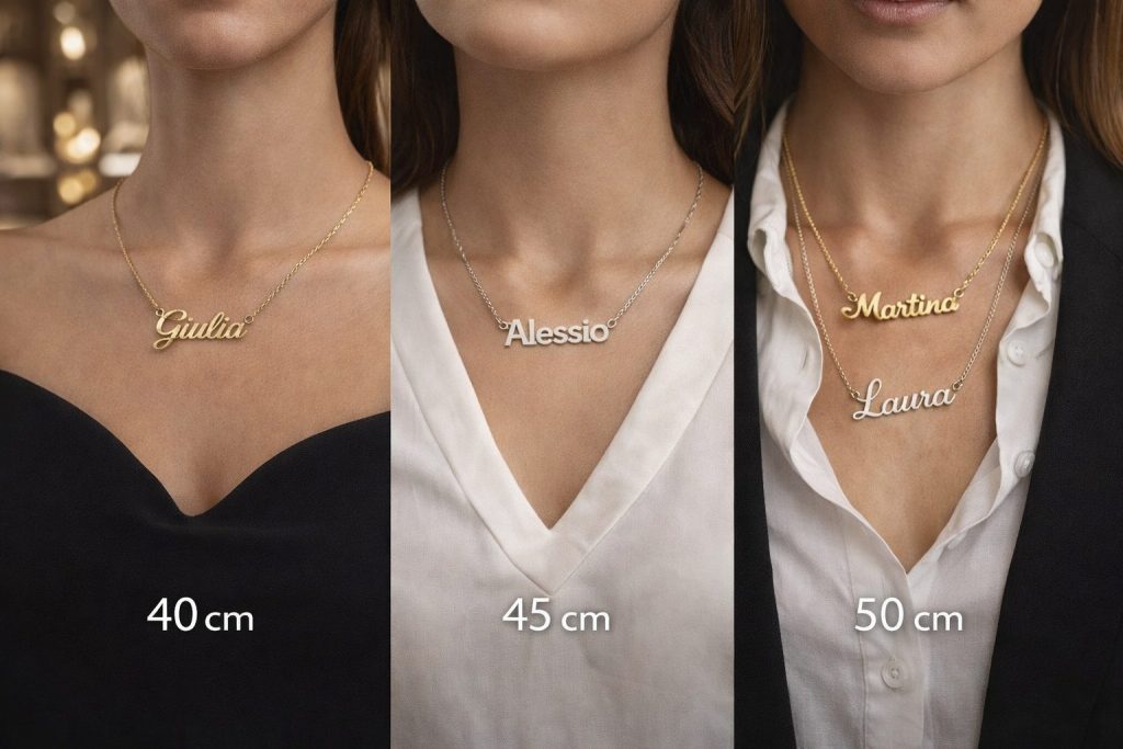 Che lunghezza scegliere per una collana con nome? Guida pratica con tabella scolli + esempi Che lunghezza per collana con nome